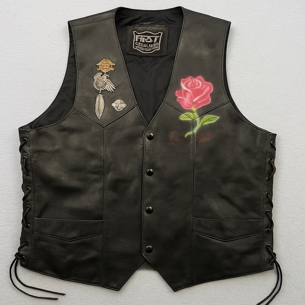First Leather Motorcycle Vest Mens L Black Good Rose Painted Harley Pins Biker
